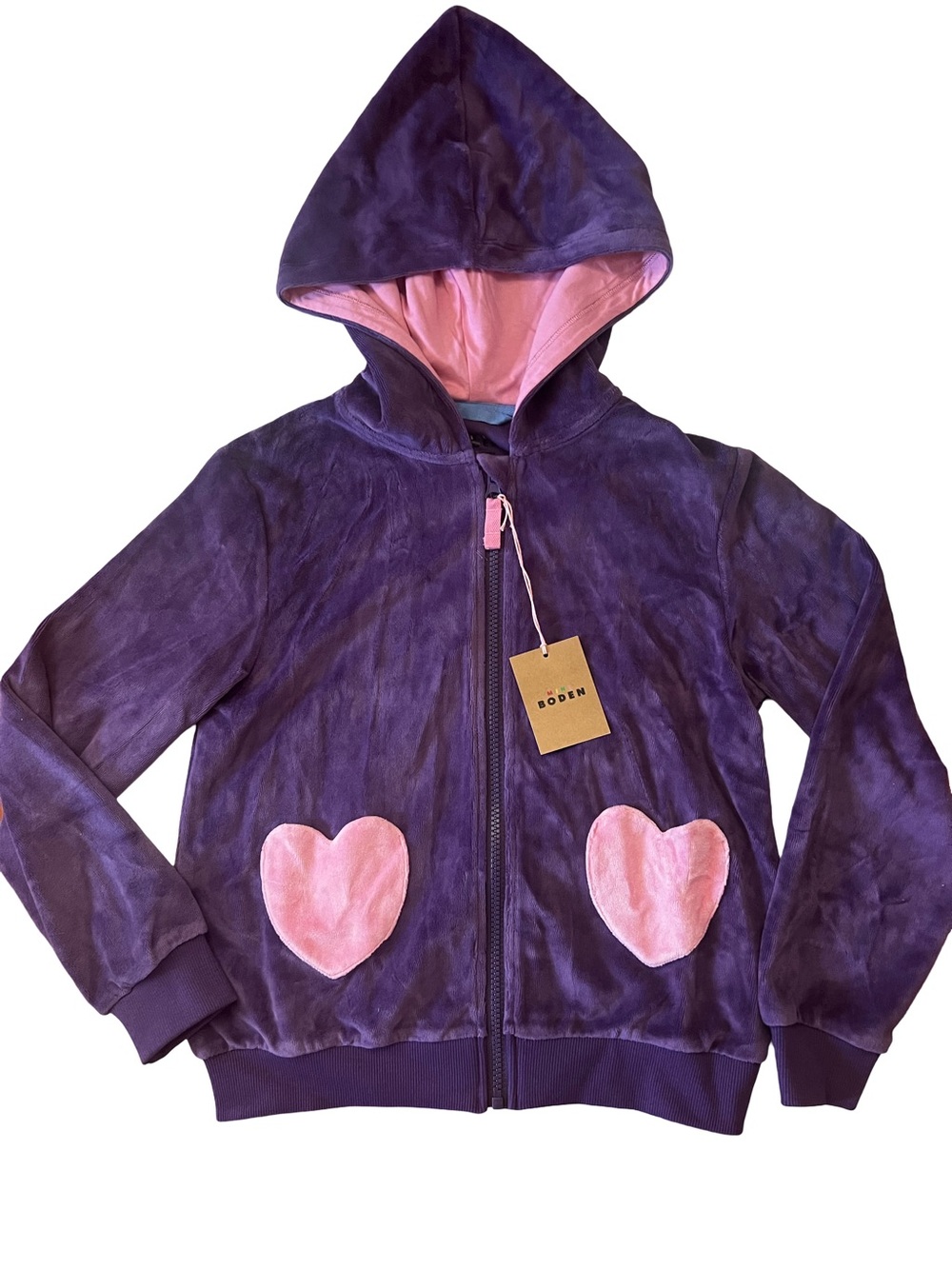 Mini Boden Purple Hooded Zip-Up Velour Hoodie with Pink Heart Pockets